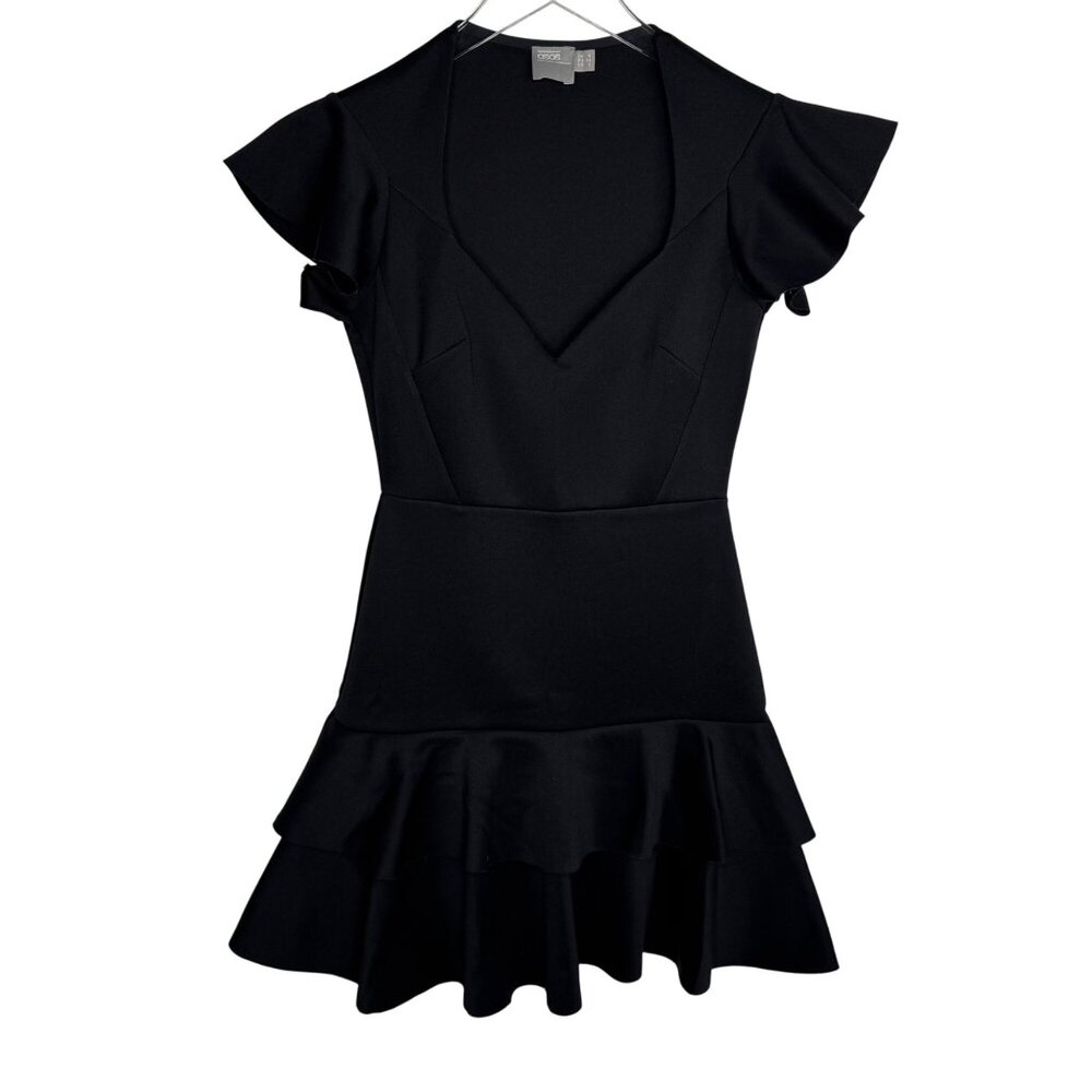 ASOS Black Ruffle Hem V-Neck Little Black Dress Size US 2‎ Coquette